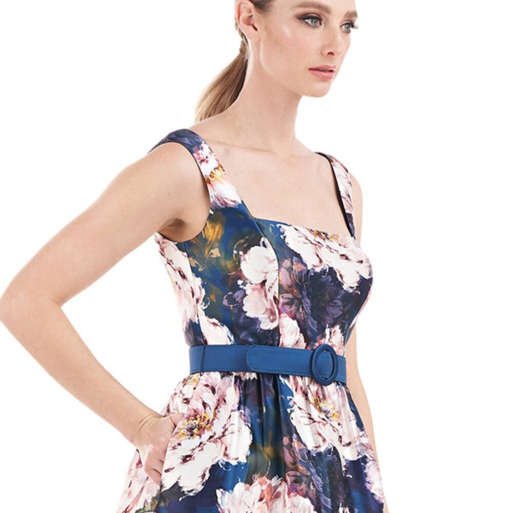 Kay Unger blush blue floral Lydia tea length cocktail dress size 10 - Picture 2 of 11